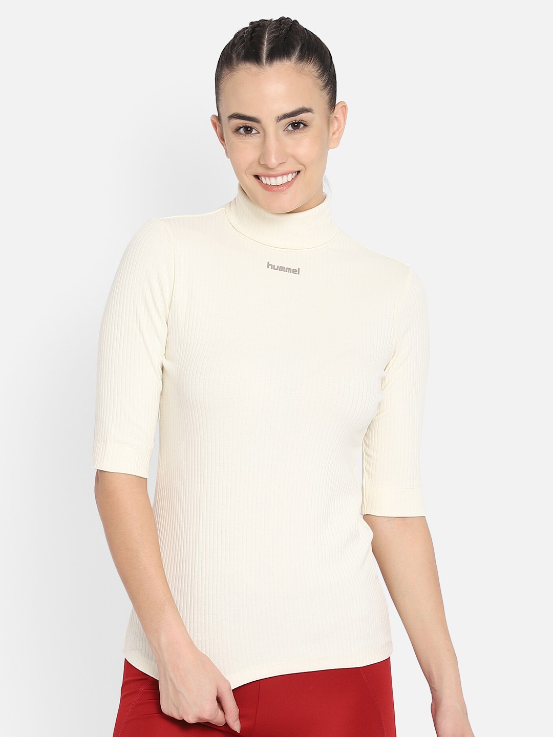 

hummel Women White Self Design Turtle Neck Slim Fit T-shirt