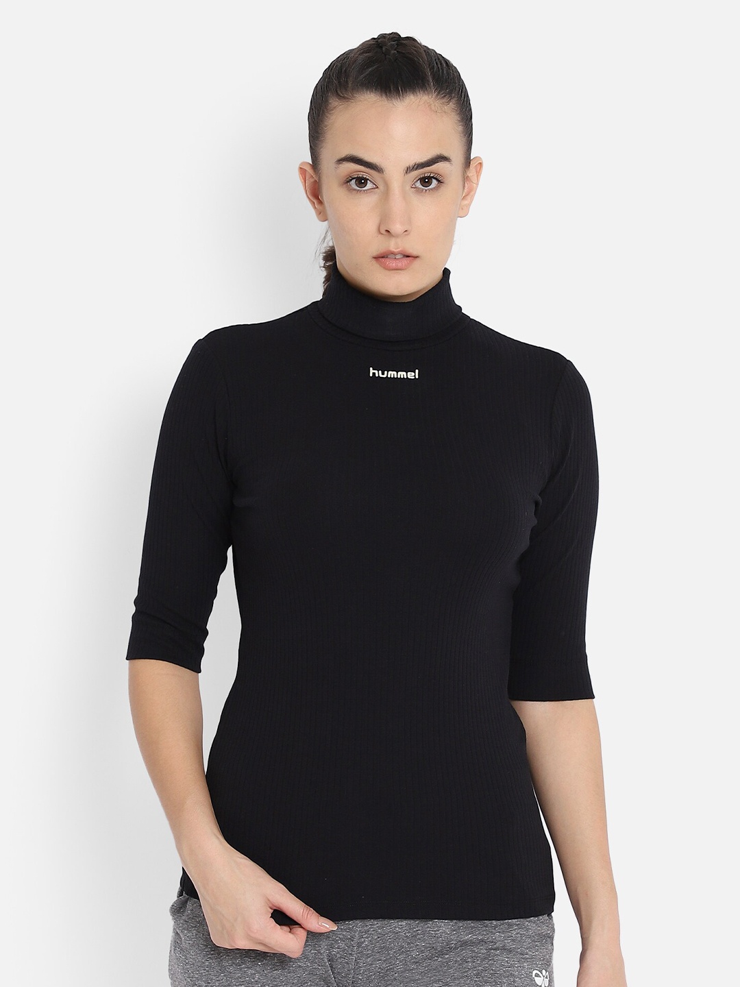 

hummel Women Black Ribbed Turtle Neck Slim Fit T-shirt