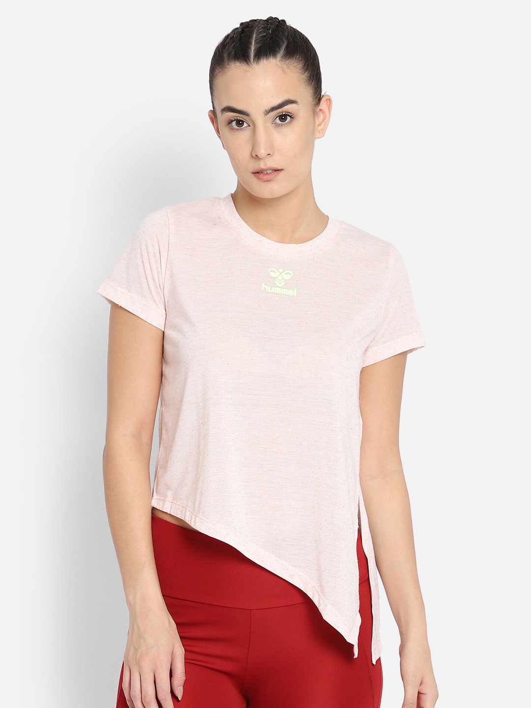 

hummel Women Light Pink Logo Printed Asymmetric Hem T-shirt