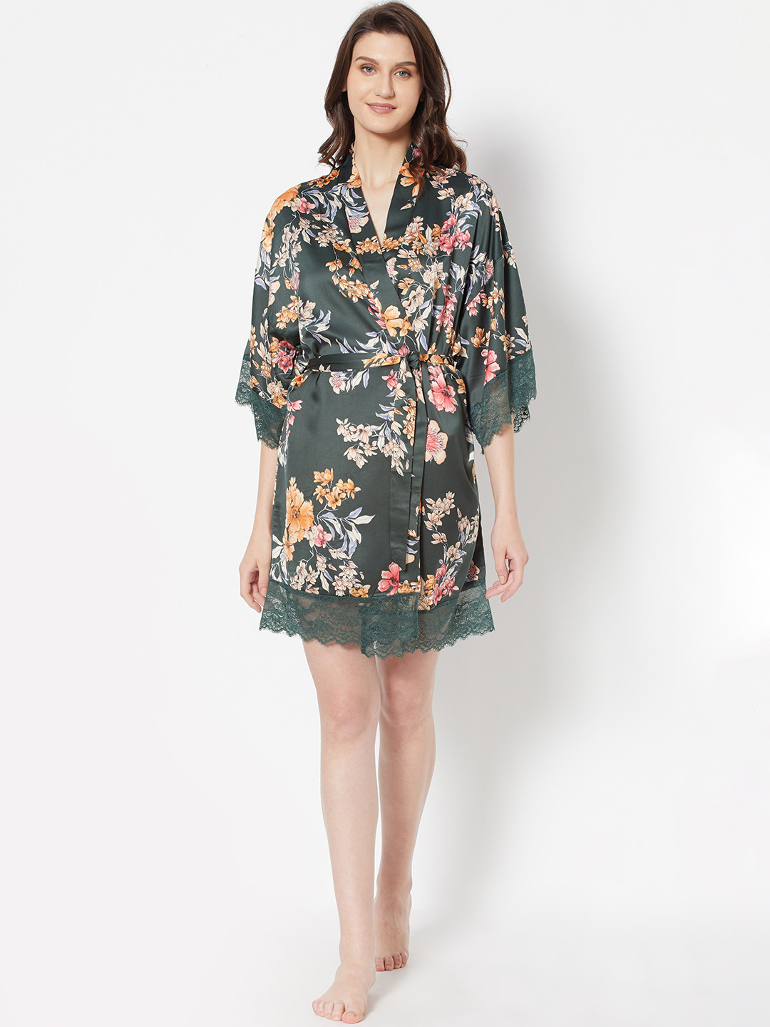 

URBANIC Women Green & Pink Floral Printed Robe