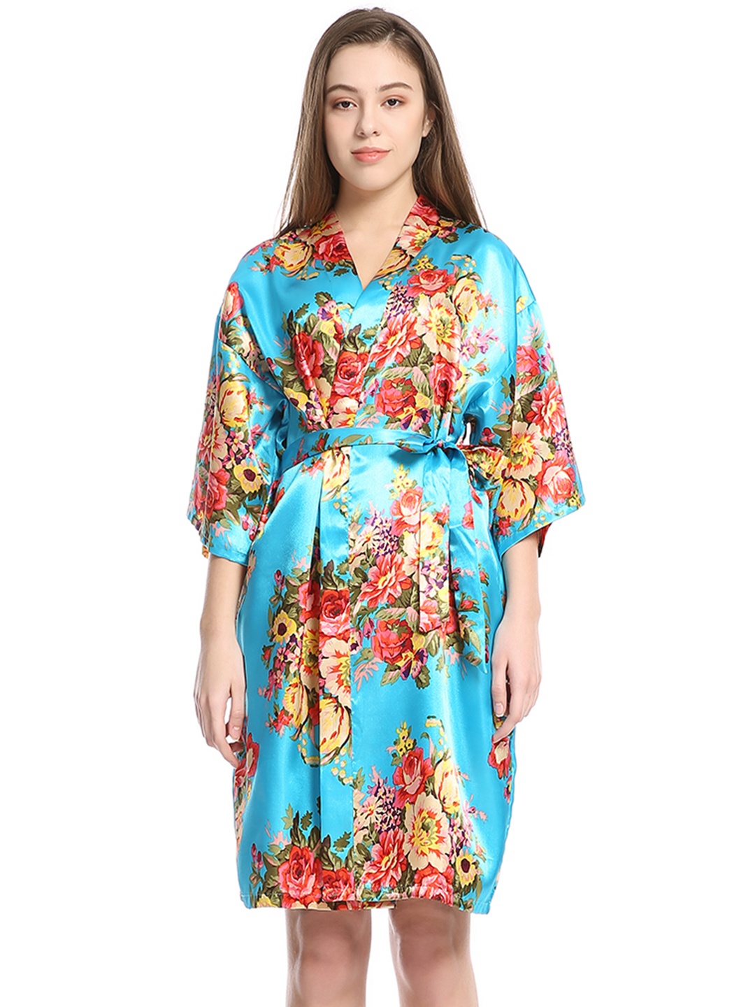 

URBANIC Women Blue & Red Floral Print Robe with Belt