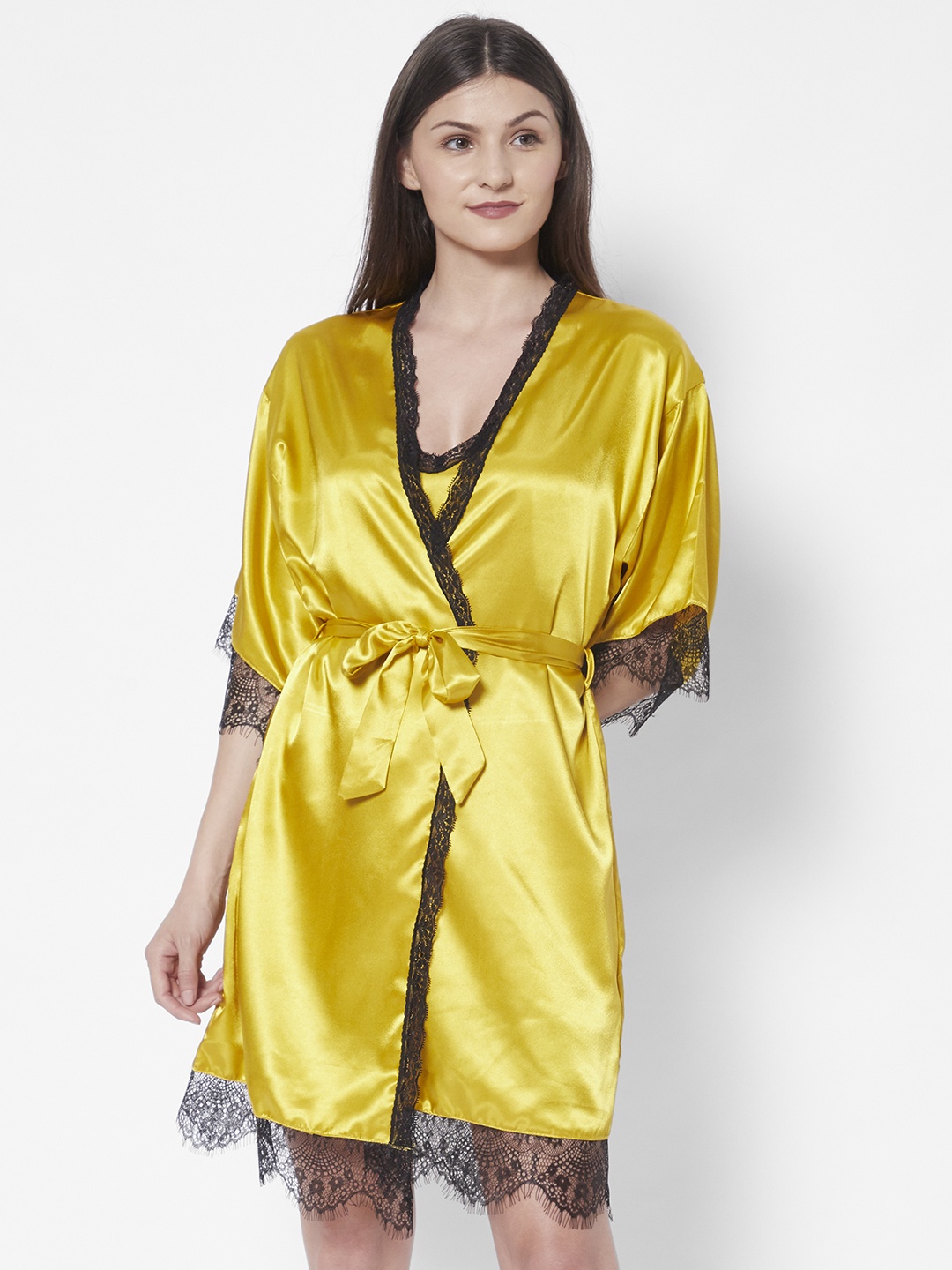 

URBANIC Women Mustard Yellow Solid Satin-Finish Robe Set