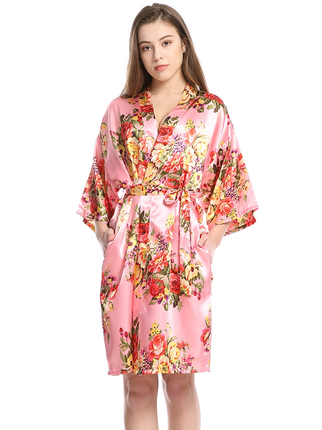 

URBANIC Women Pink & Red Floral Print Robe with Belt