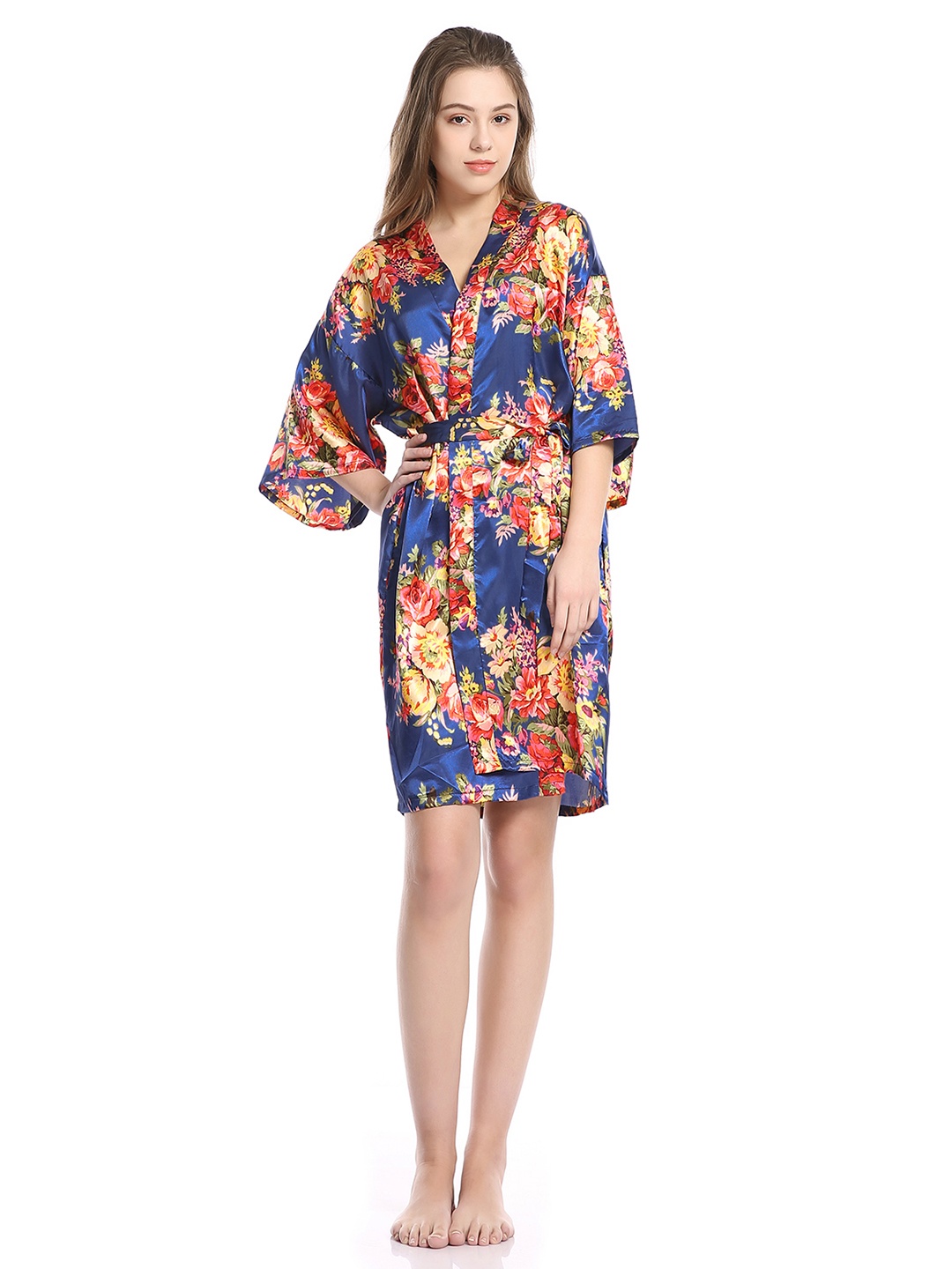 

URBANIC Women Blue & Red Floral Print Robe with Belt, Navy blue