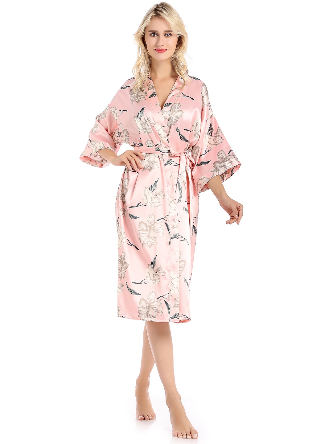 

URBANIC Women Pink & Off White Floral Printed Robe