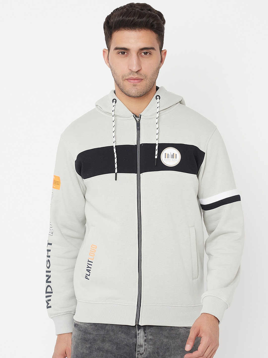 

Octave Men Grey Colourblocked Fleece Hooded Sweatshirt