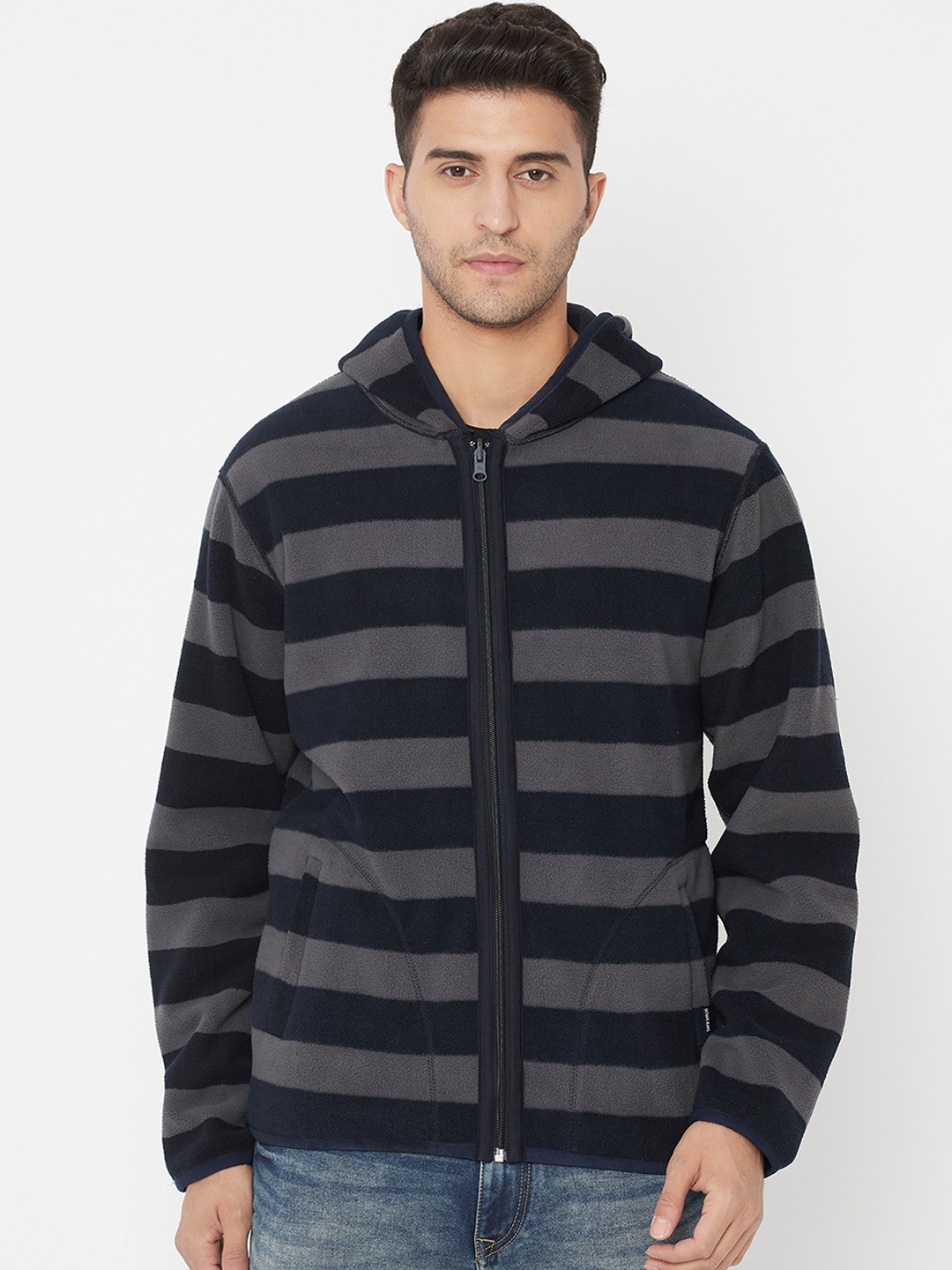 

Octave Men Navy Blue Striped Fleece Hooded Sweatshirt