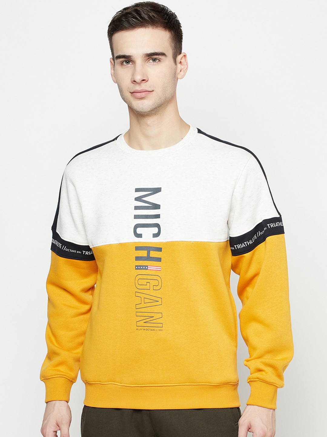 

Octave Men Yellow & White Colourblocked Fleece Sweatshirt