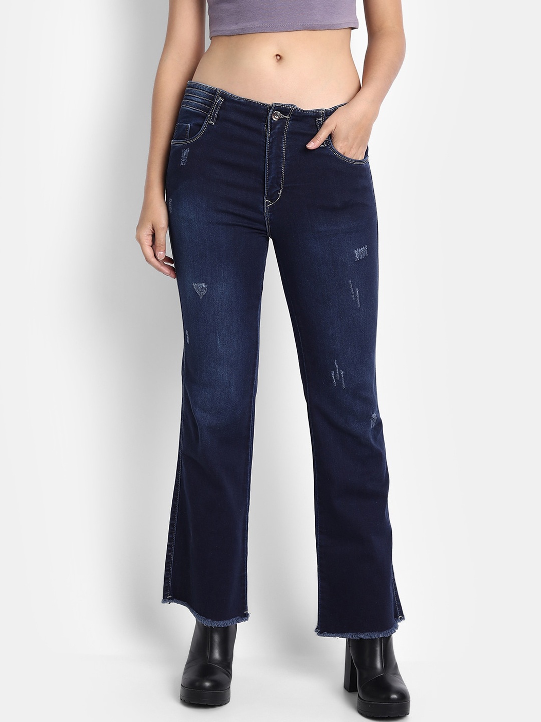 

BROADSTAR Women Navy Blue Jean Straight Fit High-Rise Mildly Distressed Light Fade Stretchable Jeans