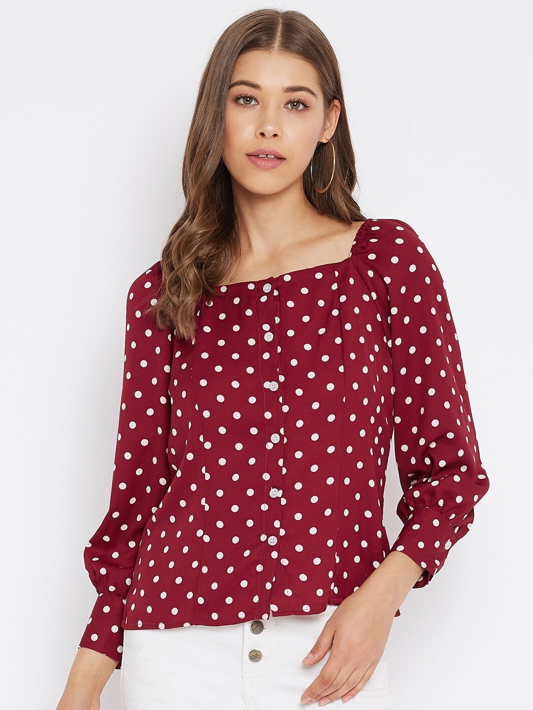 

PURYS Maroon & White Georgette Shirt Style Top