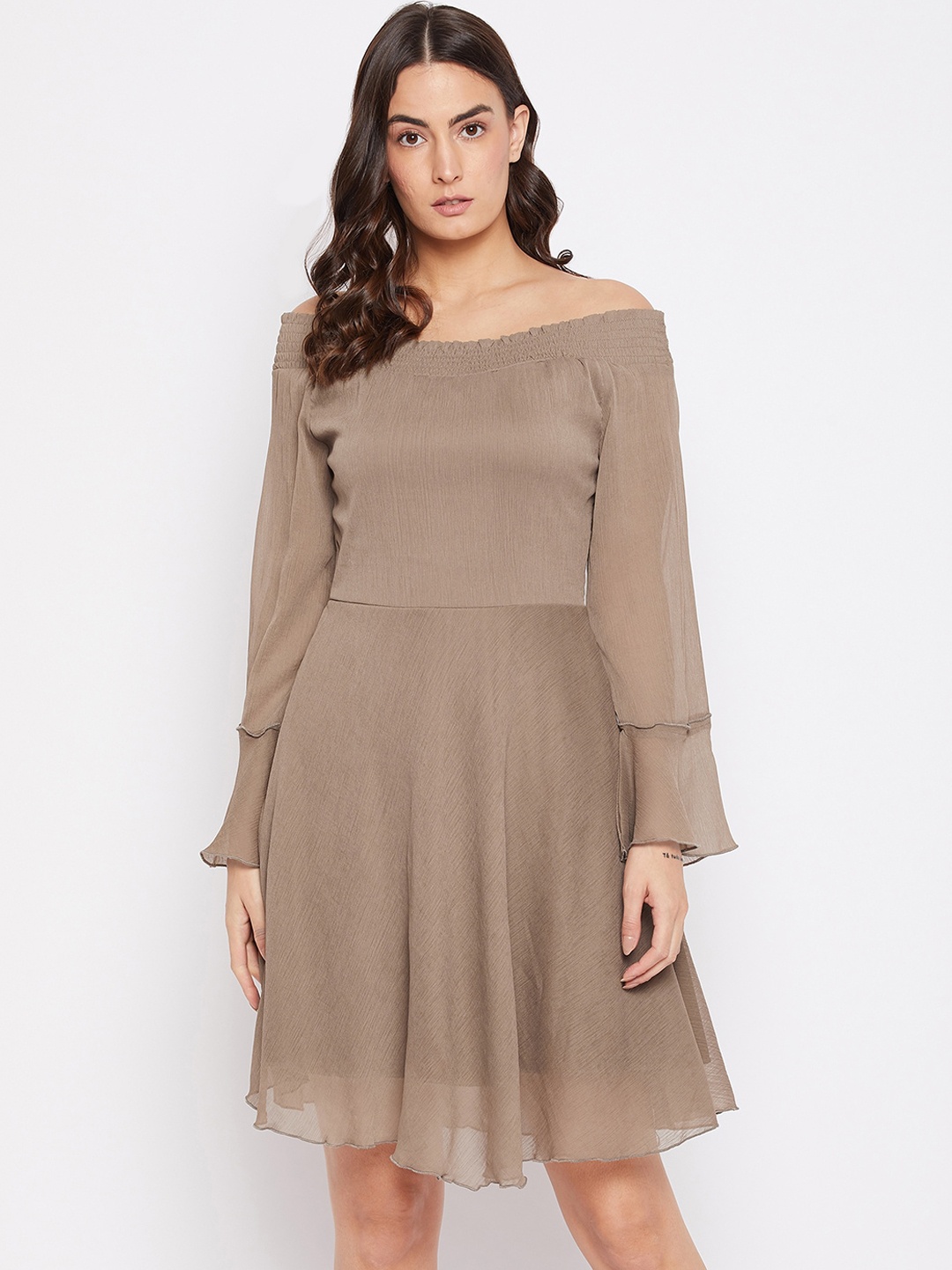 

PURYS Brown Off-Shoulder Georgette A-Line Dress