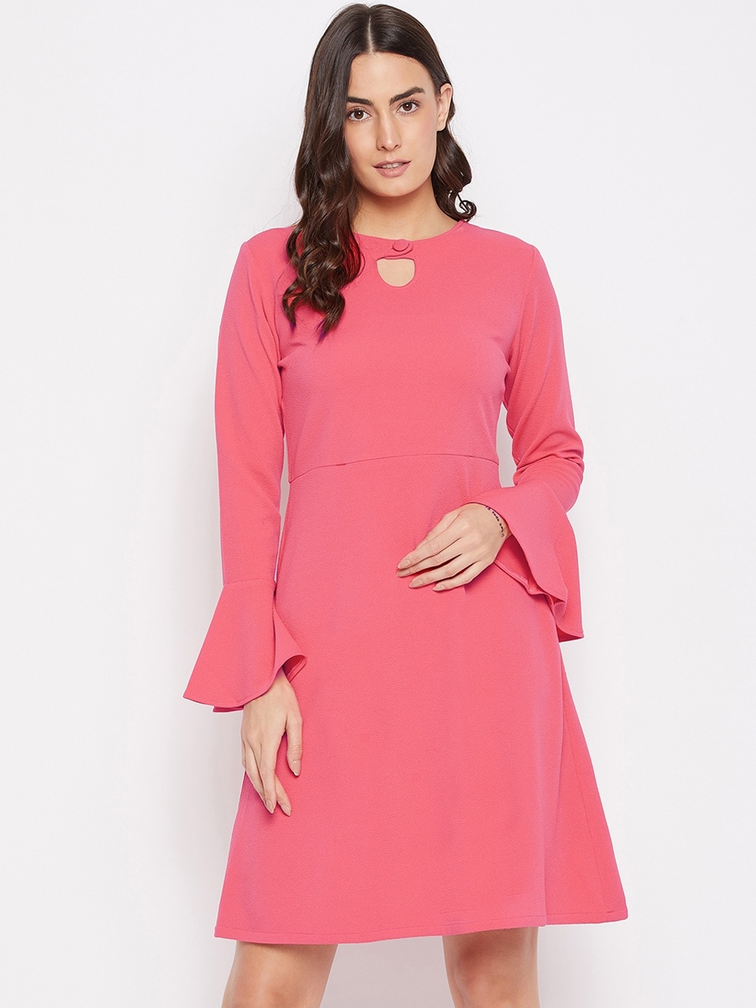 

PURYS Pink Keyhole Neck A-Line Dress