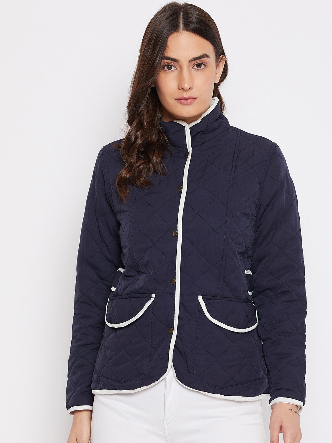 

PURYS Women Navy Blue Solid Quilted Jacket