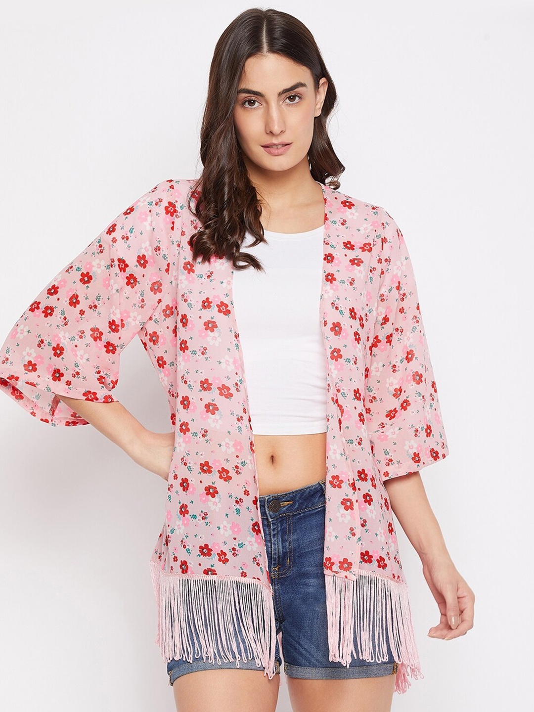 

PURYS Women Pink & Red Printed Tasselled kimono Shrug