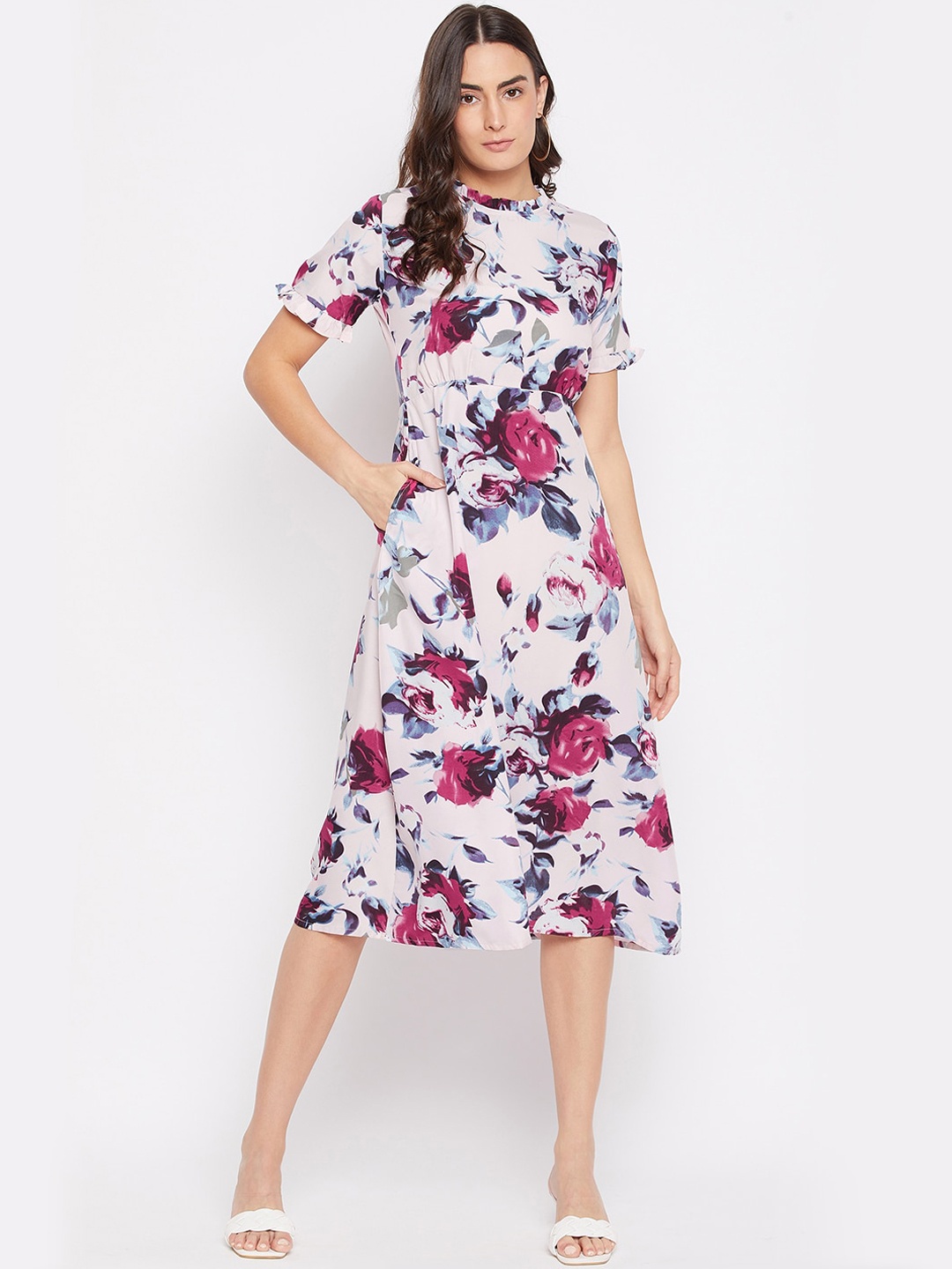 

PURYS Pink & Blue Floral Crepe A-Line Midi Dress