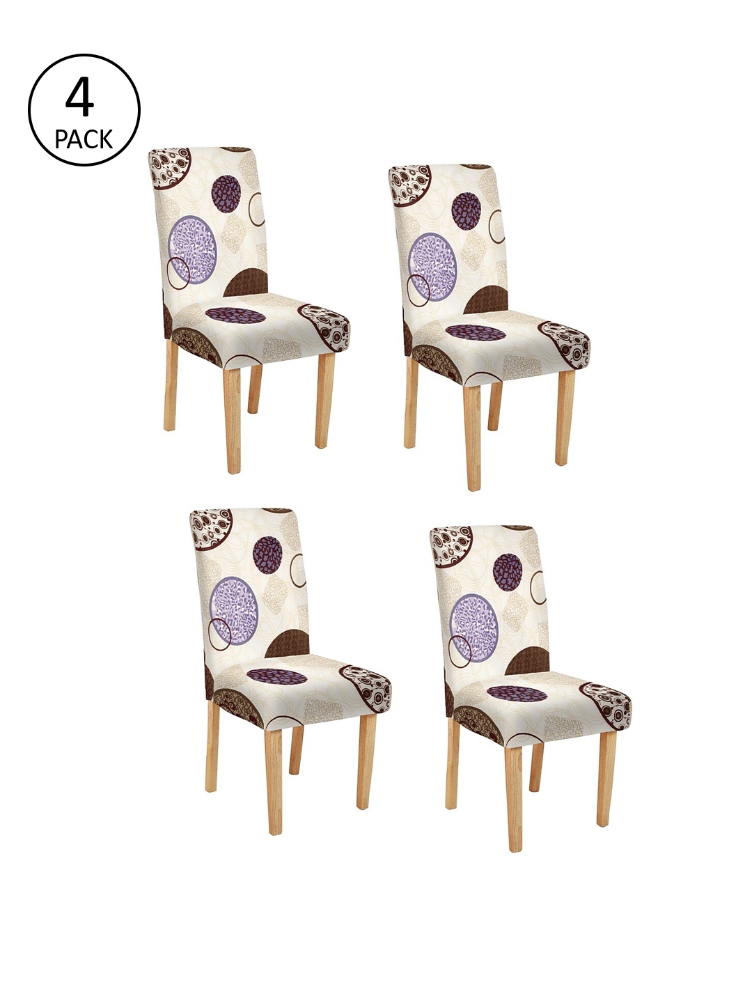Cortina Set Of 4 Beige & Purple Printed Chair Covers