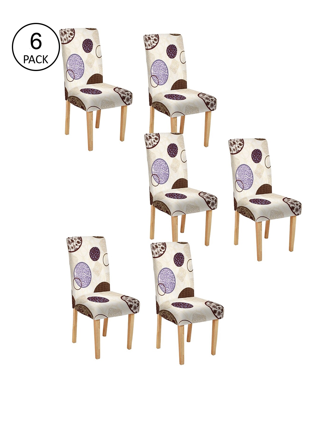 Cortina Set Of 6 Beige & Purple Printed Chair Covers