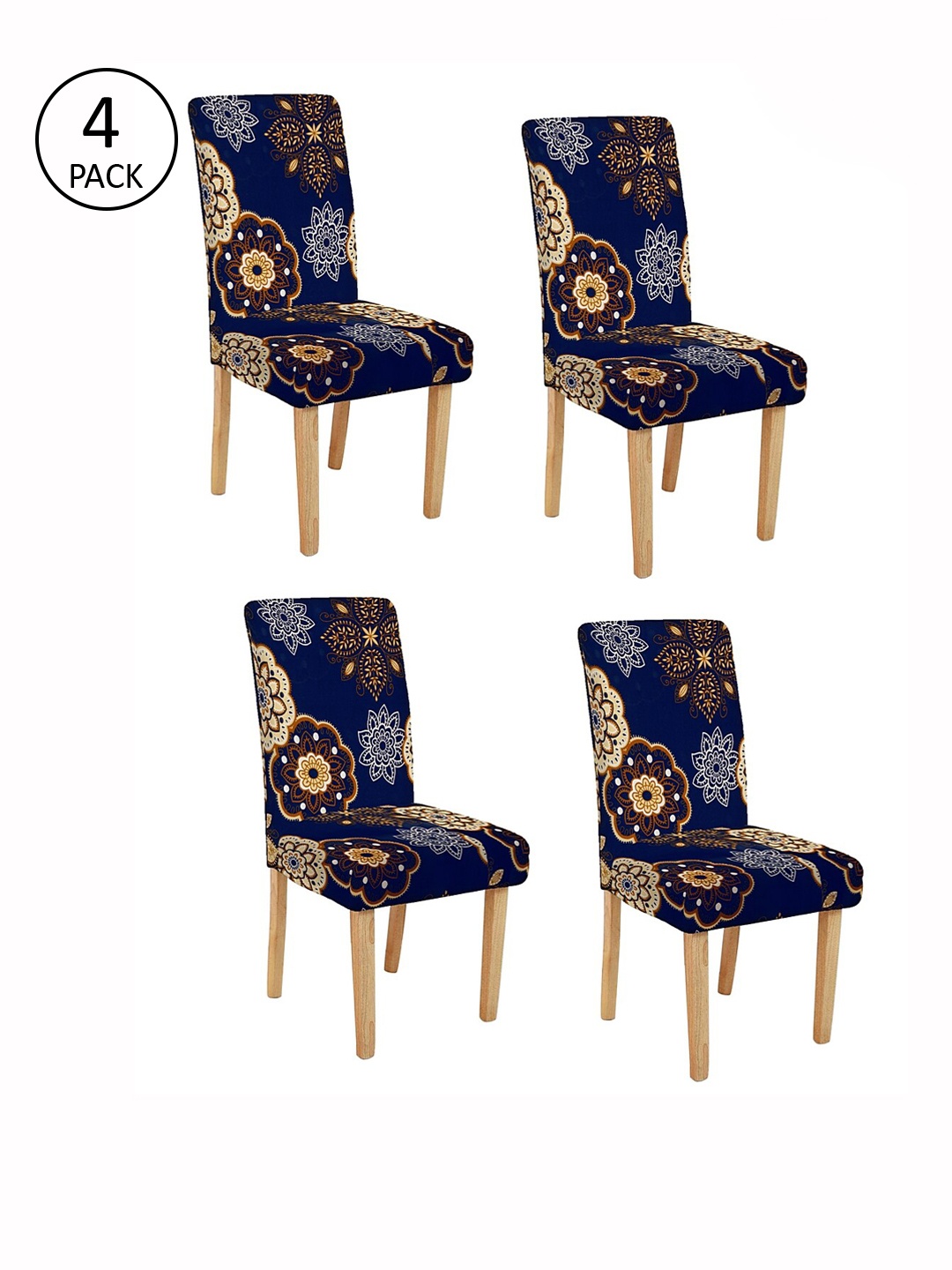 Cortina Set Of 4 Navy Blue & White Printed Chair Covers