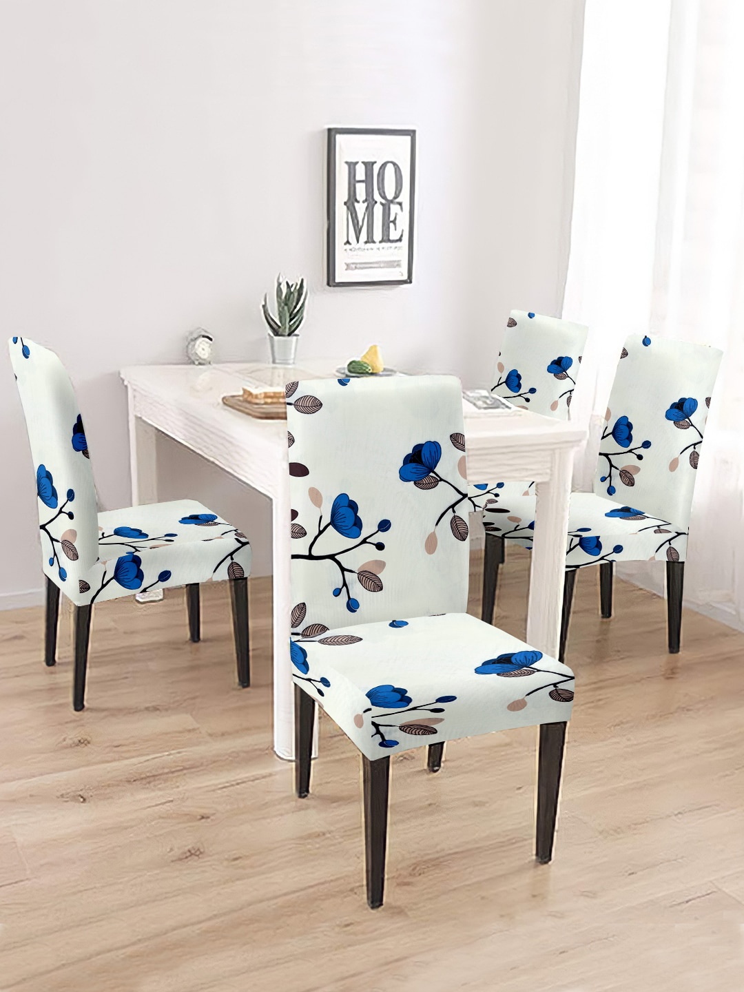 

Cortina Set Of 4 White & Blue Floral Printed Chair Cover