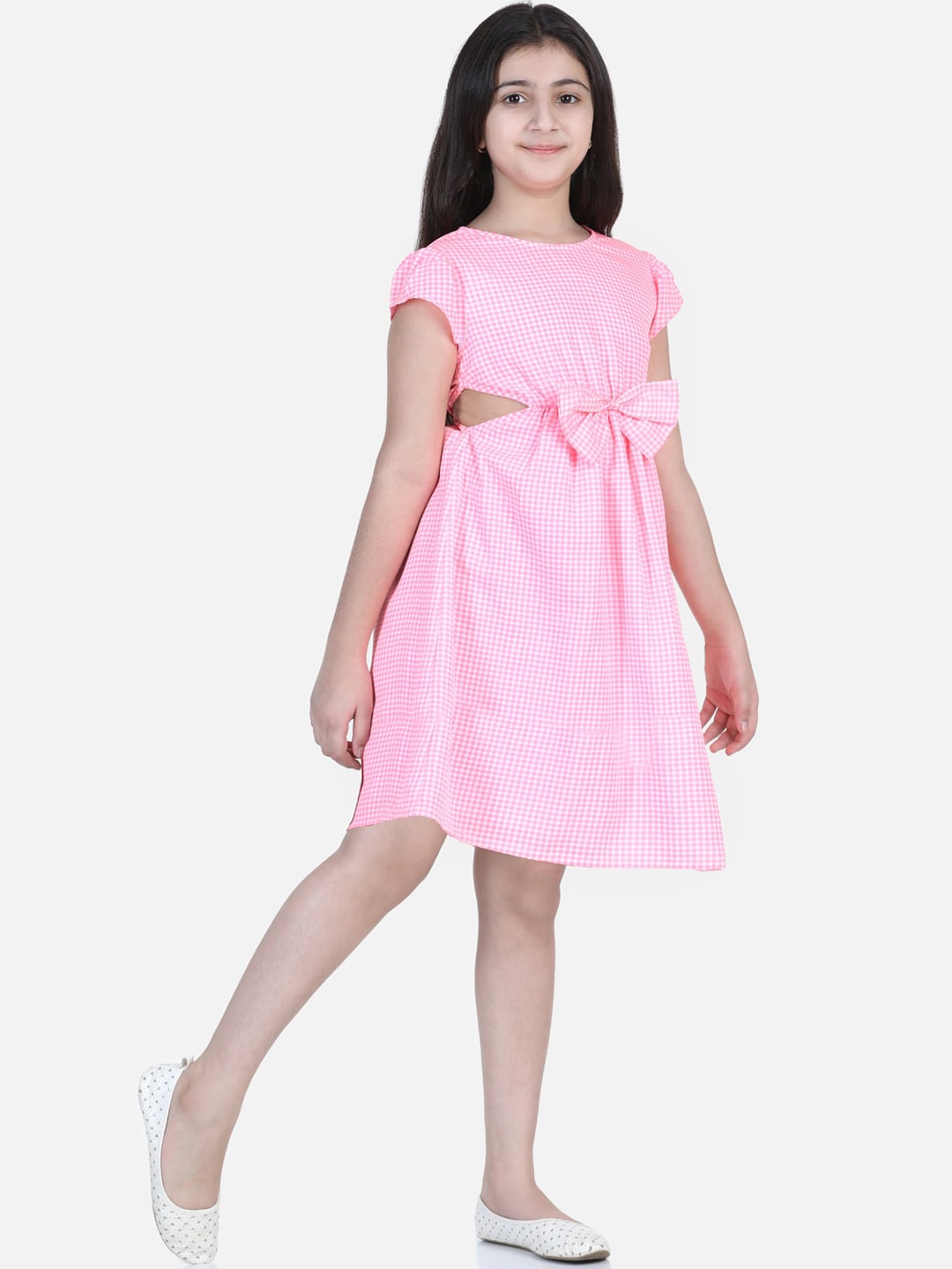 

StyleStone Pink & White Checked Crepe Dress with Cut-Out Detail