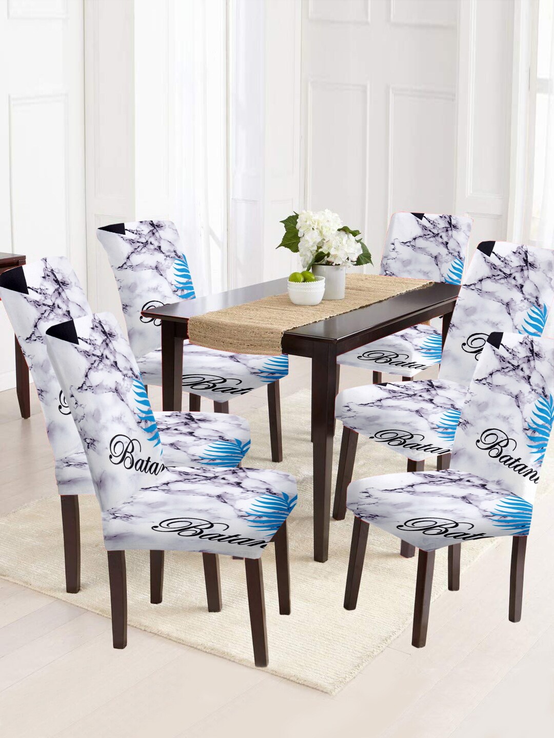 Cortina White & Blue 6 Pieces Printed Chair Covers
