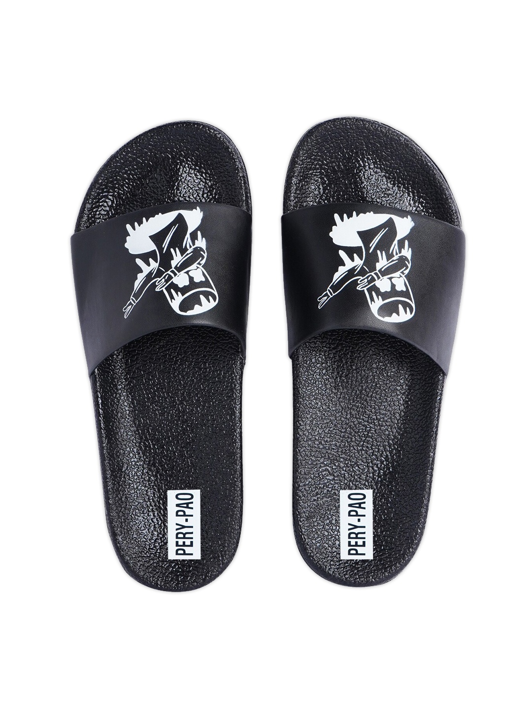 

PERY PAO Men Black & White Printed Rubber Sliders