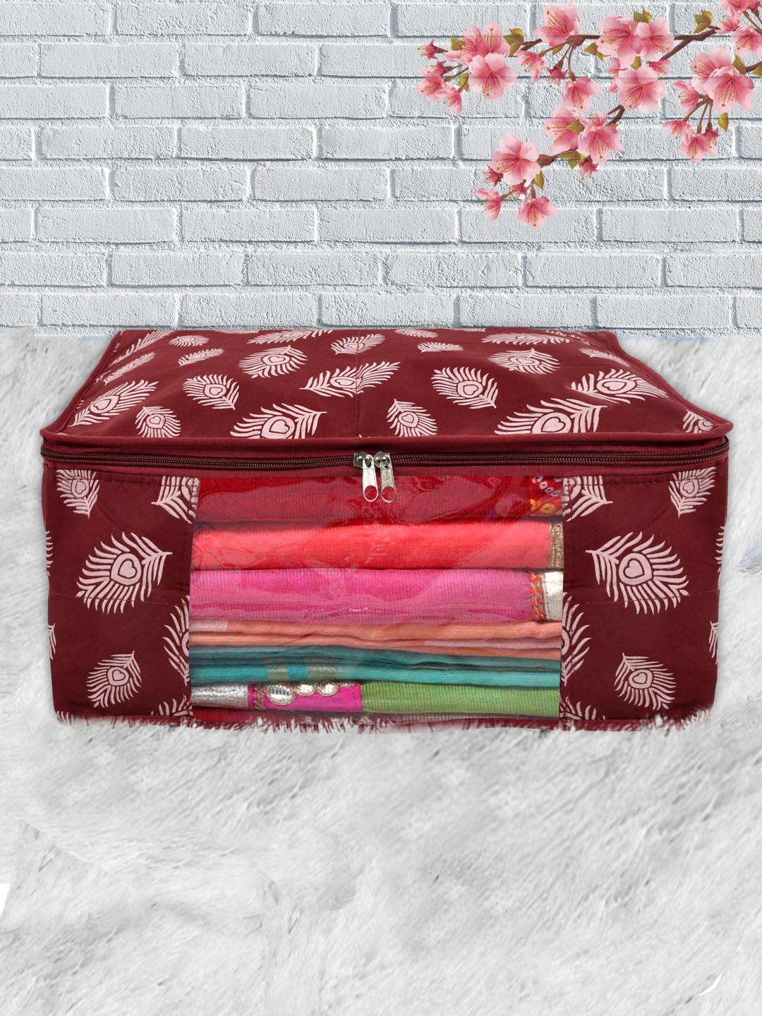 

Kuber Industries Pack of 4 Maroon Printed Saree Cover With Transparent Window, Pack of 4
