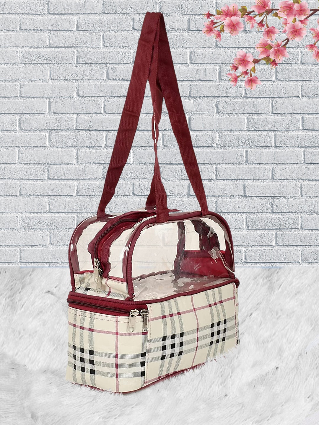 

Kuber Industries Women Maroon Checked Double Layer Travel Toiletry Bag