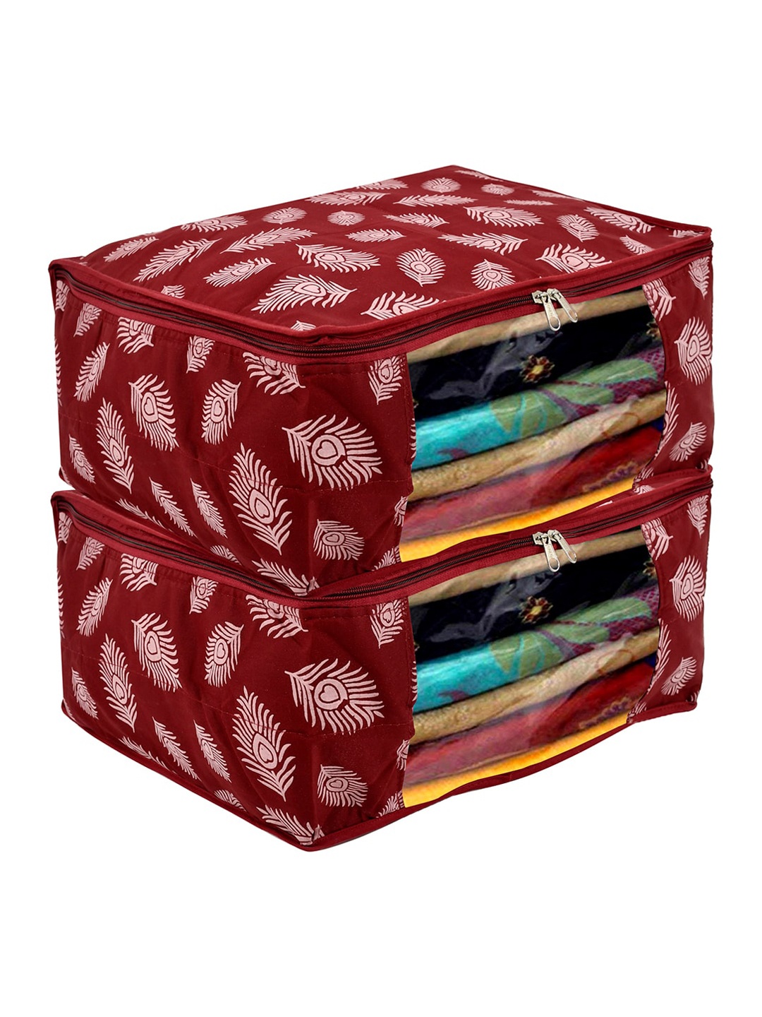 

Kuber Industries Maroon Pack of 2 Printed Saree Cover With Transparent Window