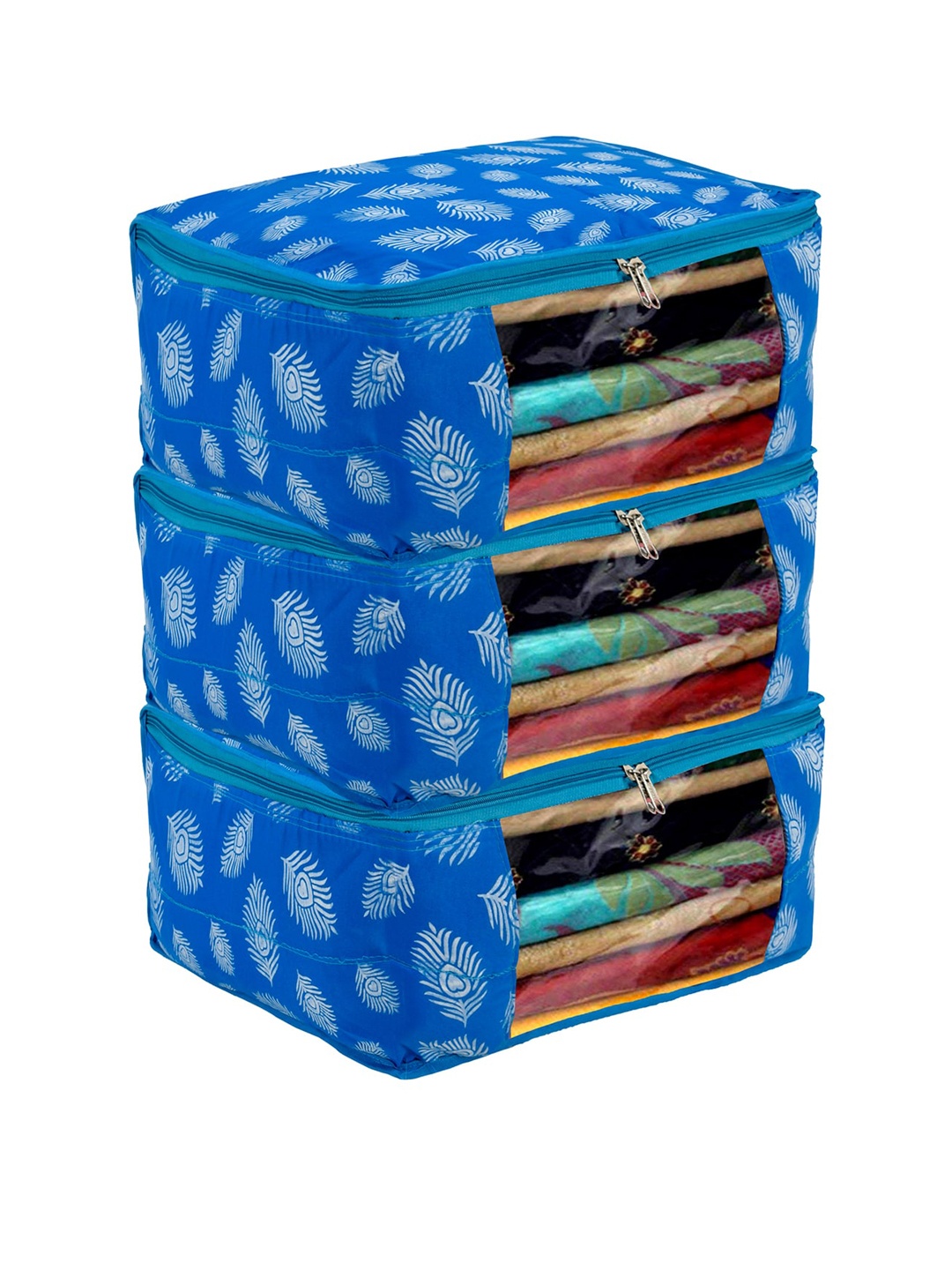 

Kuber Industries Set Of 3 Blue & White Printed Foldable Saree Organizers