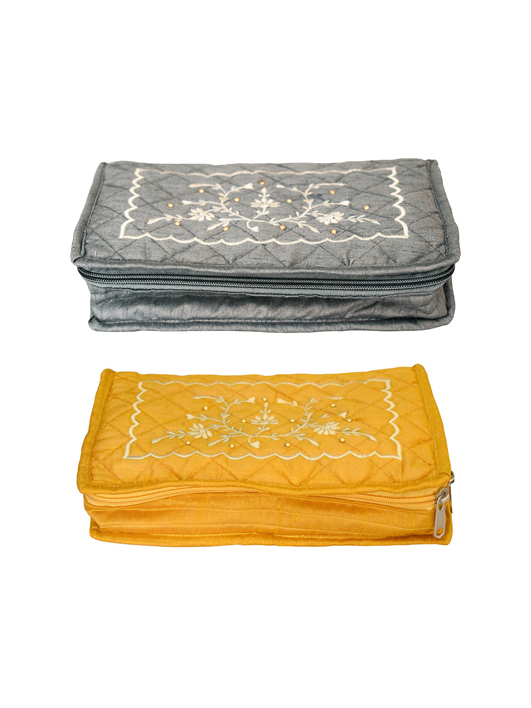 

Kuber Industries Yellow & Grey 2 Pieces Embroidered Jewellery Organizer