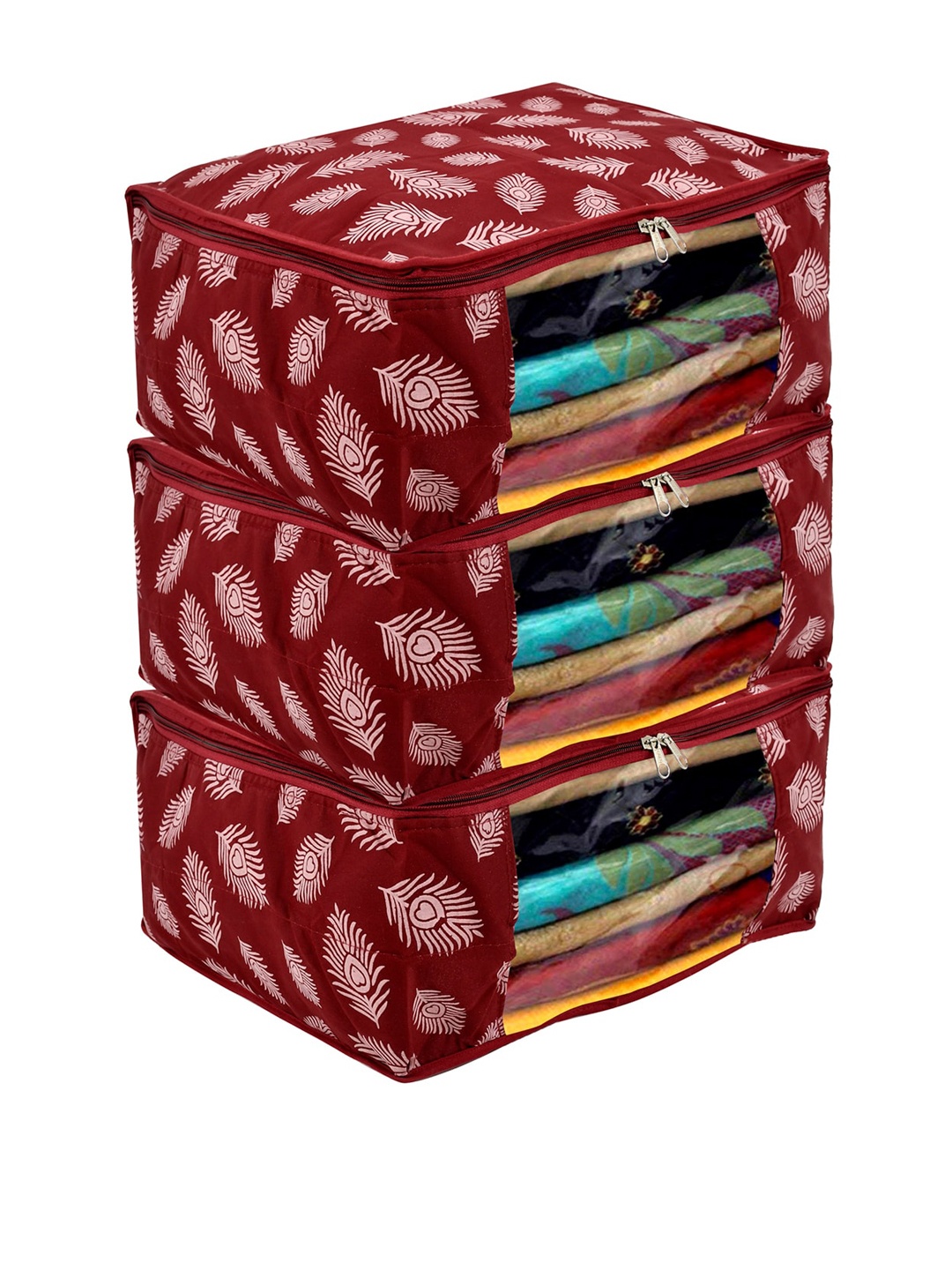 

Kuber Industries Maroon 3 Pieces Leaf Printed Saree Cover With Transparent Window
