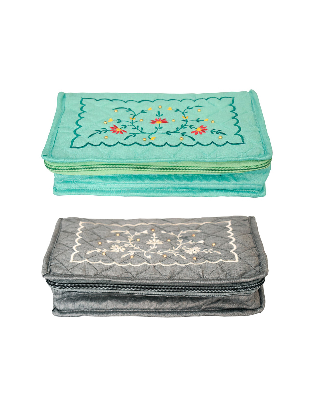 

Kuber Industries Green 2 Pieces Embroidered Portable Jewellery Organizers