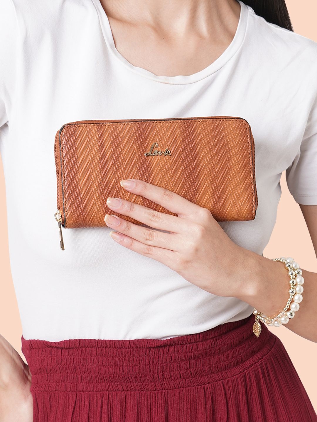 

Lavie Herry Pro Women Brown Woven Design Embroidered PU Zip Around Wallet