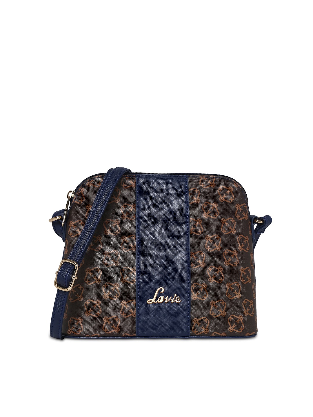 

Lavie Navy Blue & Brown MINI MAMO CSB Colourblocked Bowling Sling Bag with Print Detail