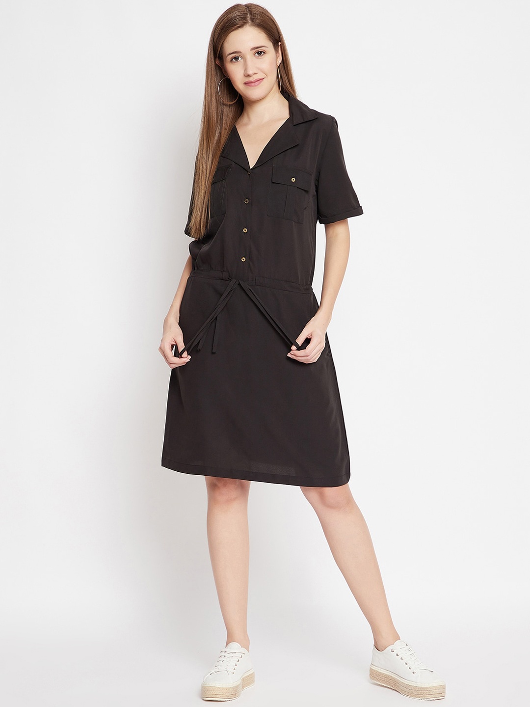 Color Cocktail Black Crepe Shirt Dress