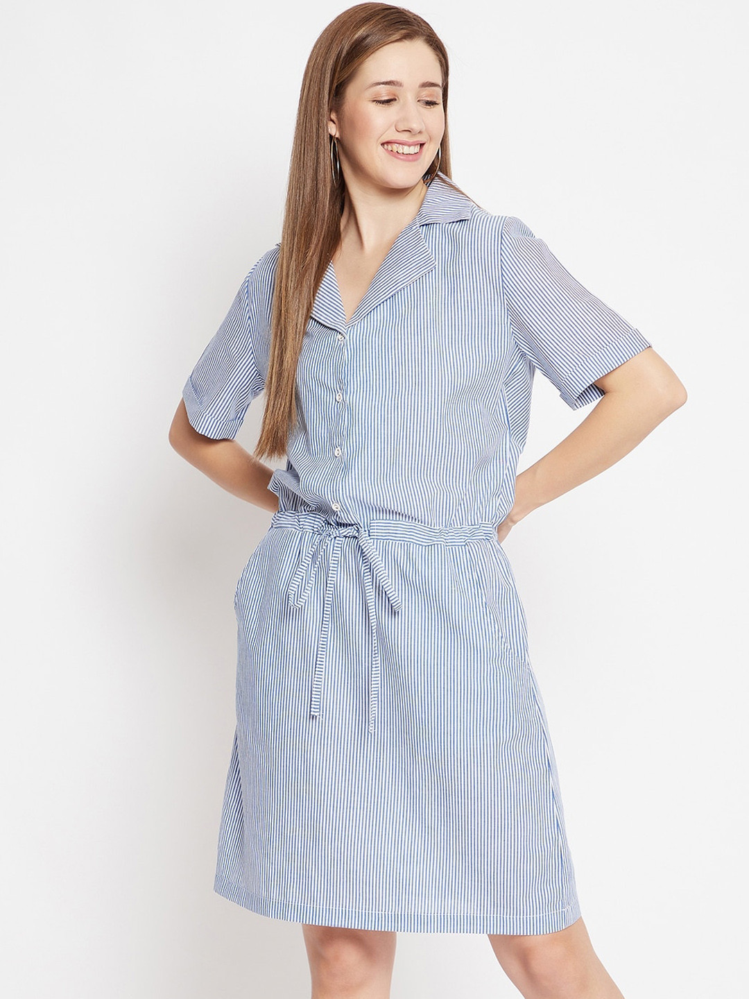 

Color Cocktail Blue & White Striped Shirt Dress