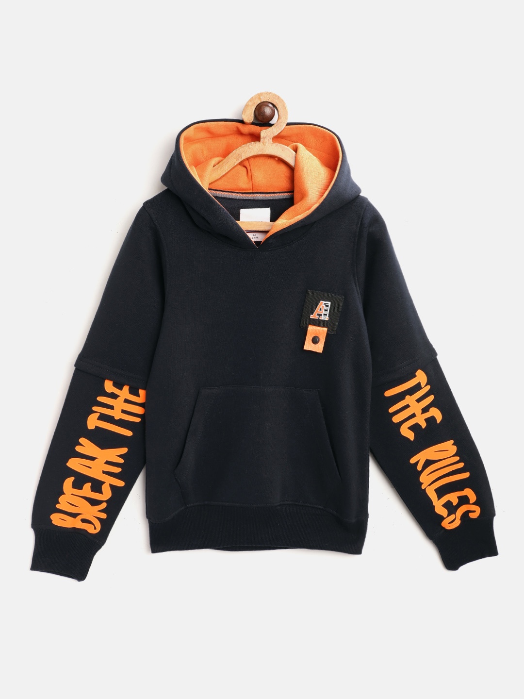 

TAB91 Boys Navy Blue & Orange Printed Detail Hooded Sweatshirt