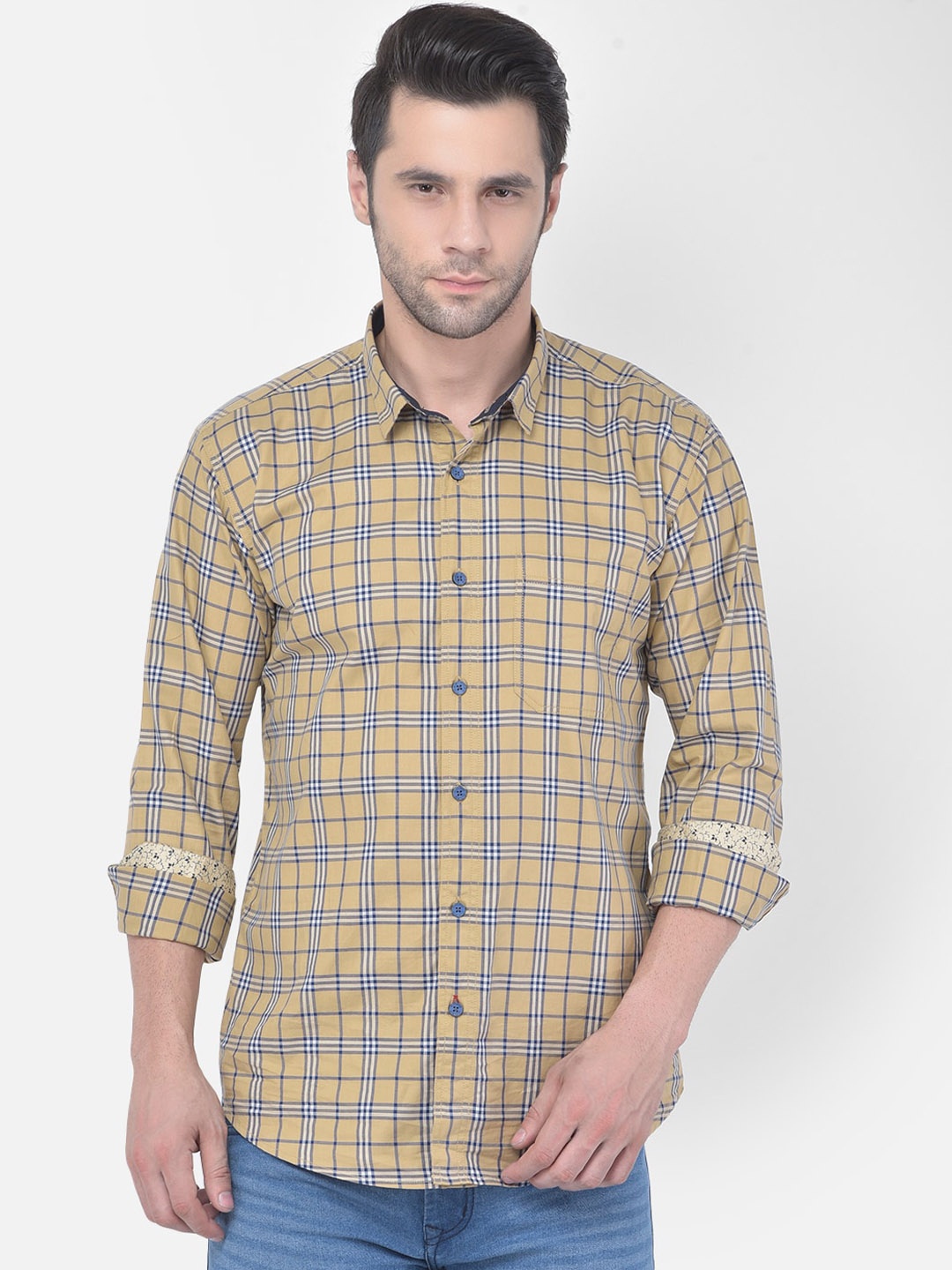 

COBB Men Beige & Blue Slim Fit Opaque Checked Casual Shirt