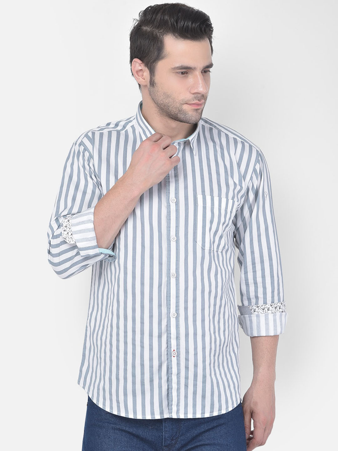 

COBB Men Grey & White Slim Fit Opaque Striped Casual Shirt