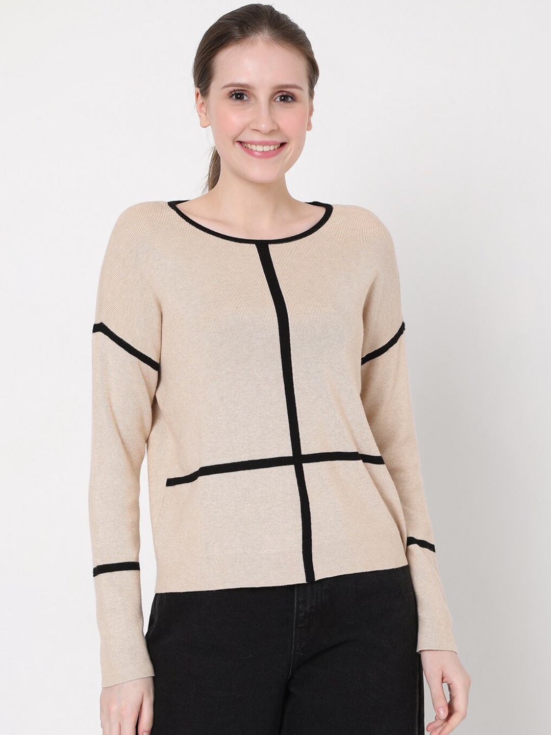 

Vero Moda Women Beige & Black Striped Pullover