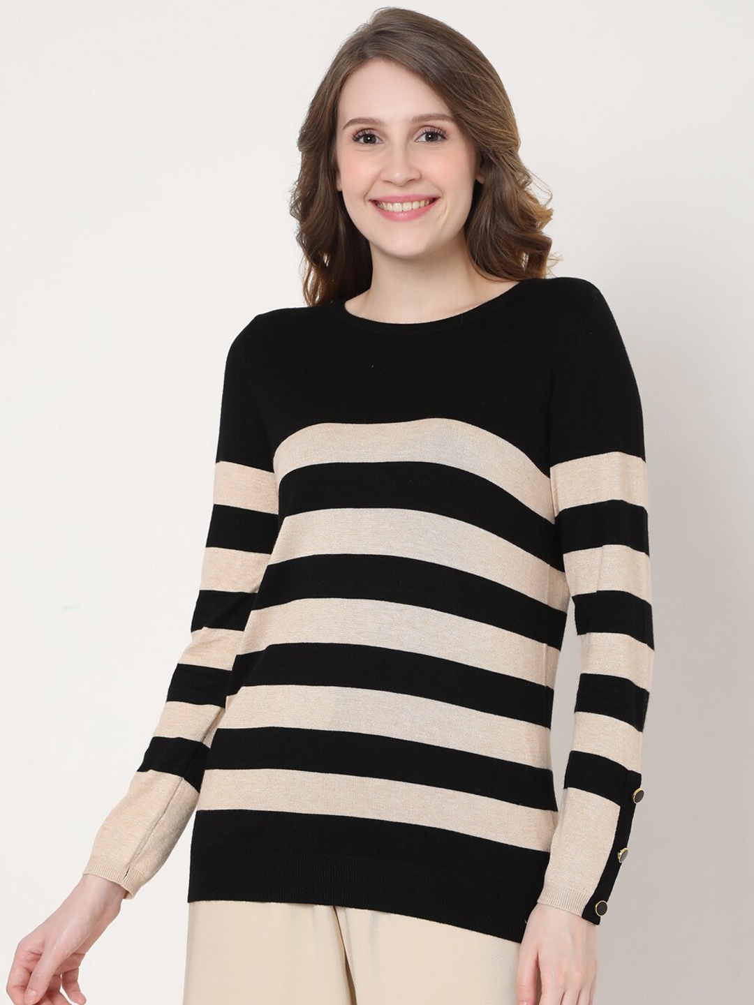 

Vero Moda Women Black & Beige Striped Pullover