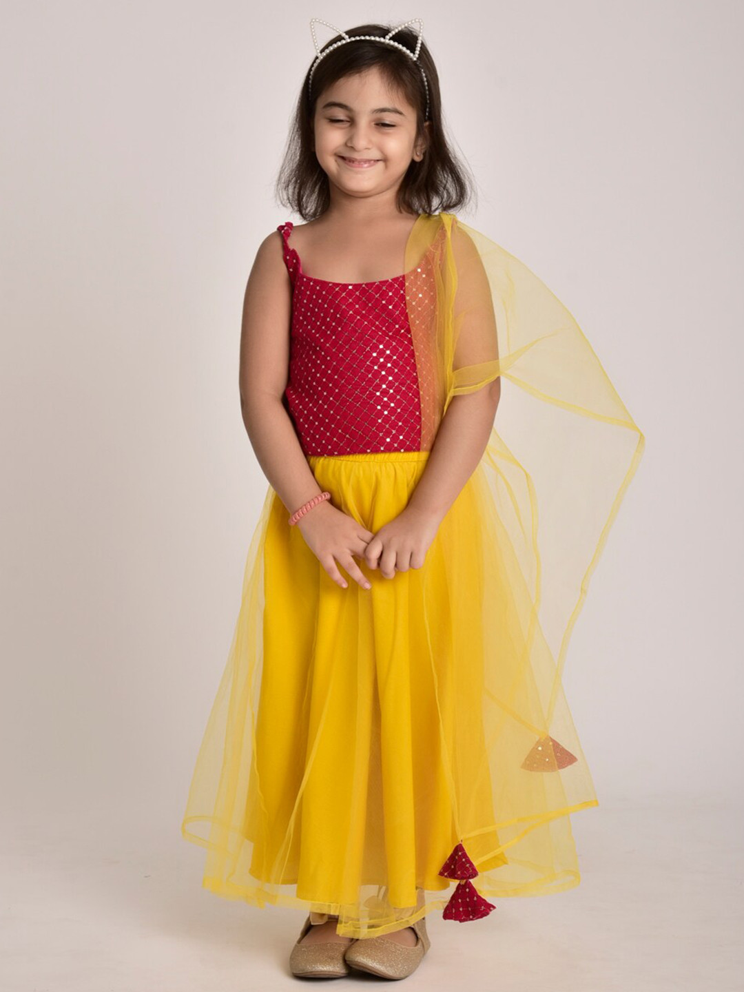 

CUTE LEMONS Girls Maroon & Yellow Ready to Wear Lehenga & Blouse With Dupatta