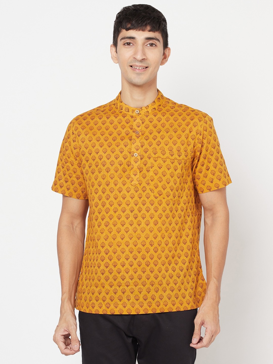 

Fabindia Men Mustard Yellow & Maroon Ethnic Motifs Printed Pure Cotton Kurta