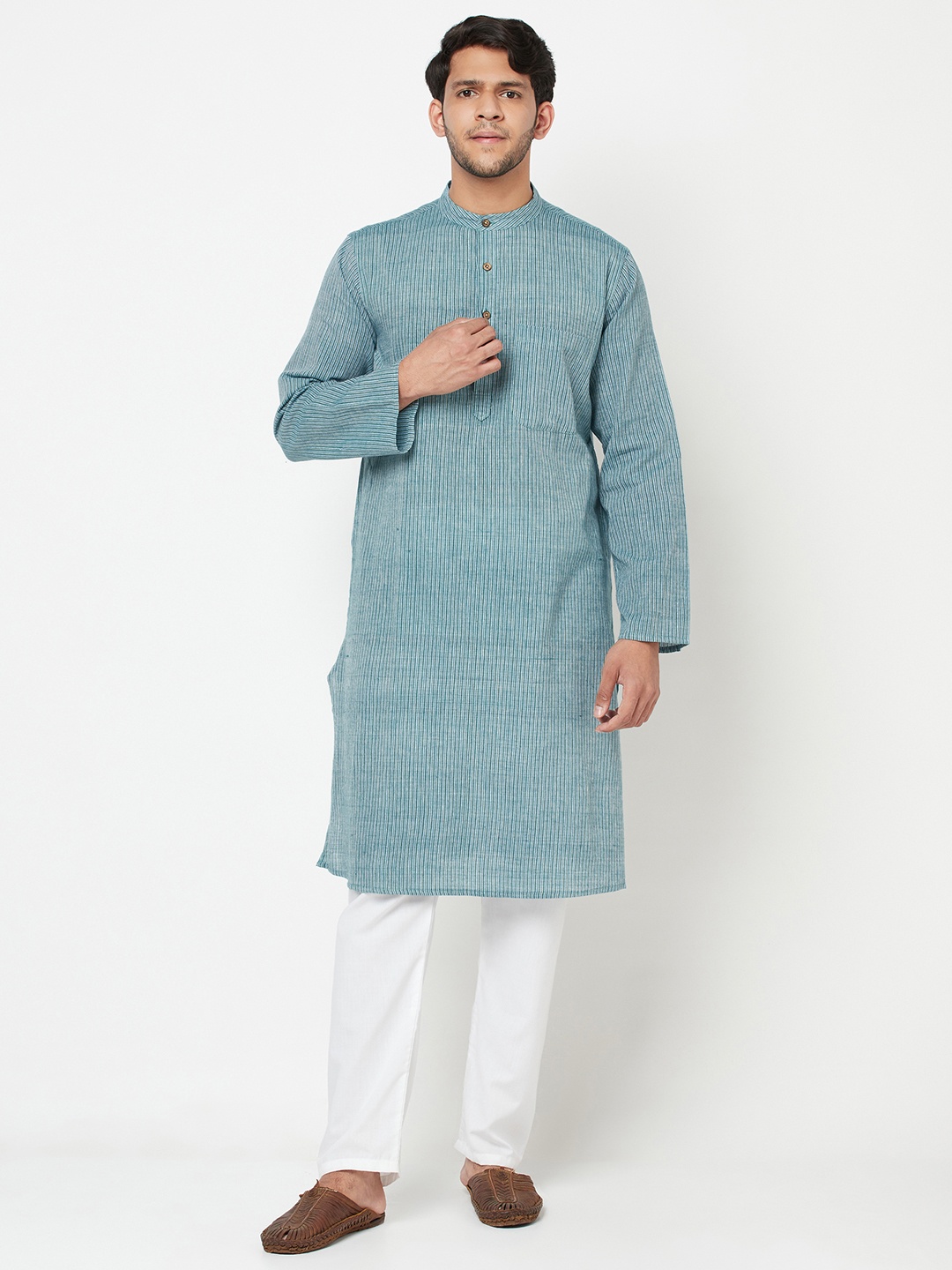 

Fabindia Men Blue & Green Striped Comfort-Fit Pure Cotton Kurta