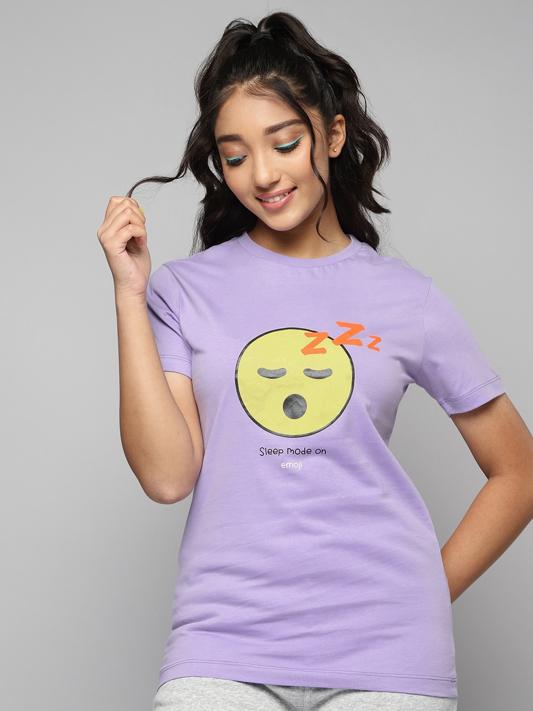 

Kook N Keech Emoji Teens Girls Lavender Cotton Printed T-shirt