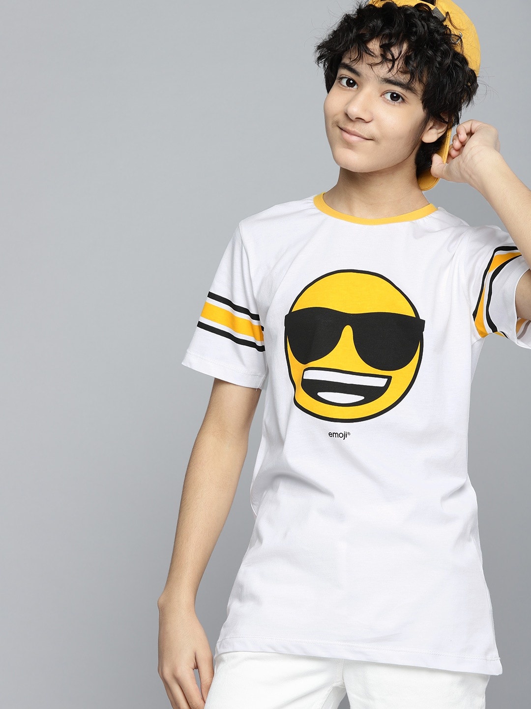 

Kook N Keech Emoji Teens Boys White & Yellow Graphic Print Cotton T-shirt