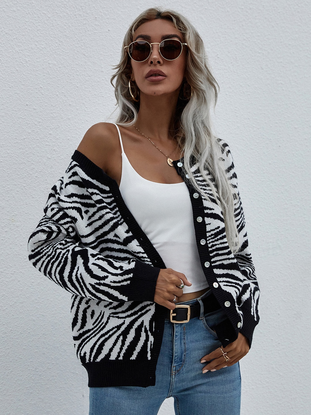 

URBANIC Women White & Black Zebra Patterned Cardigan