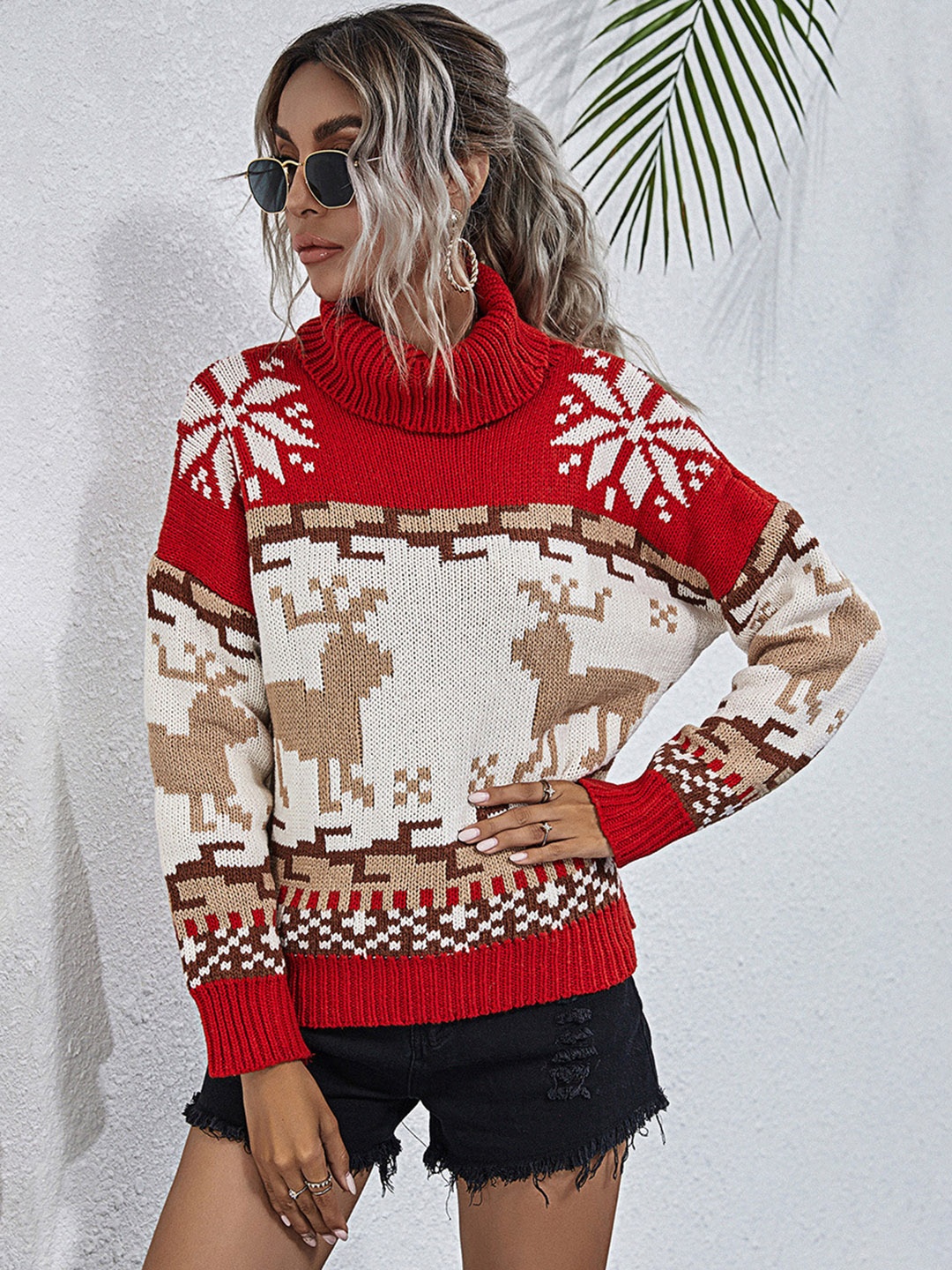 

URBANIC Women Red & Off White Fair Isle Pullover