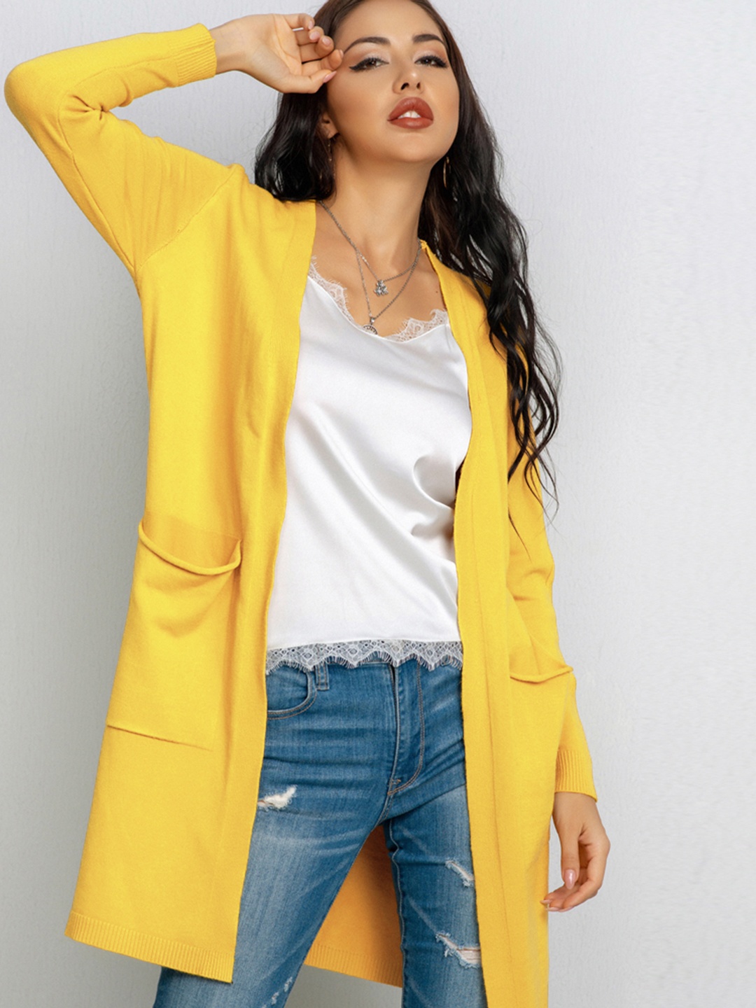 

URBANIC Women Yellow Longline Front-Open Sweater